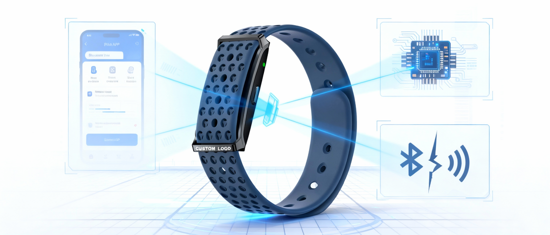 Blue screen-free OEM fitness tracker with Bluetooth sync issue icons, mobile fitness app interface, and chip diagram, illustrating common causes of fitness app not tracking and hardware solutions