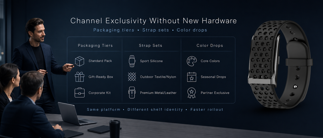 Channel Exclusivity Without New Hardware: Packaging Tiers, Strap Sets, and Color Drops for Wearable Wholesale Programs
