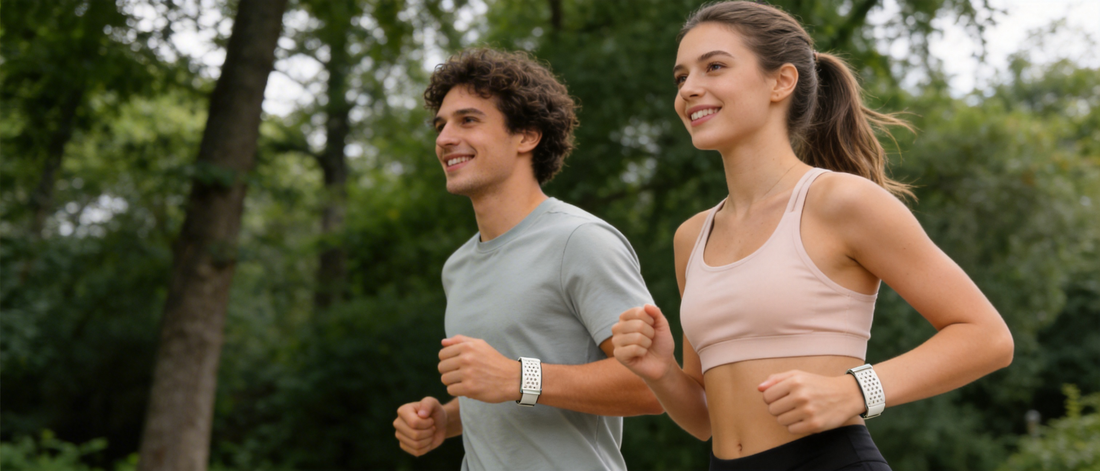 Couple wearing screen-free fitness activity trackers while jogging outdoors in a park