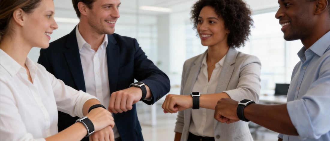 Diverse business team wearing screenless non-watch fitness trackers doing a fist bump in a modern office, representing corporate wellness and team health initiatives