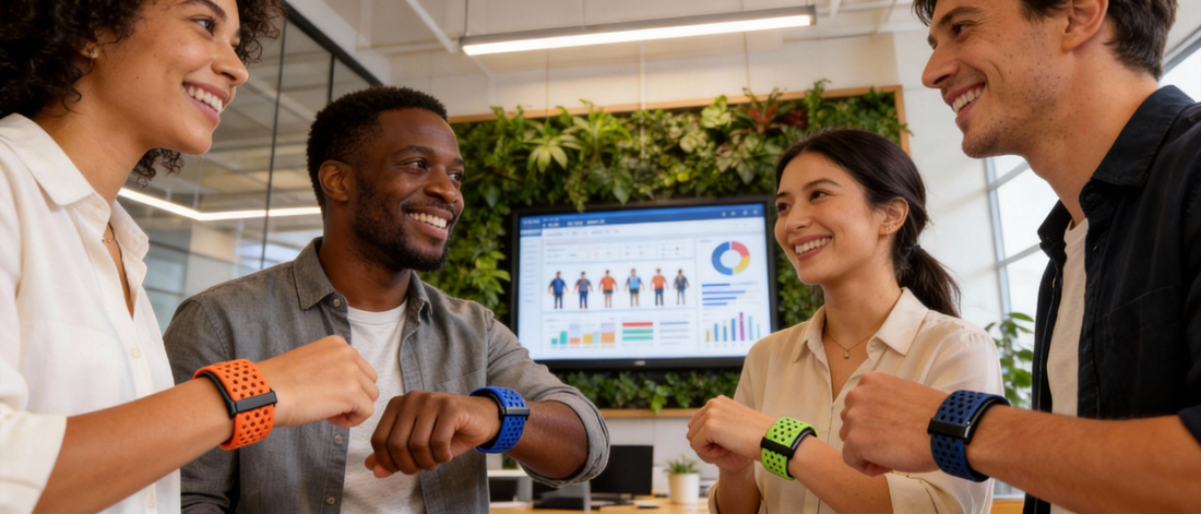 Diverse corporate team wearing custom screenless fitness trackers in a modern office. Colleagues collaborate with wellness data on the screen, ideal for China ODM corporate wellness programs and branded bulk orders