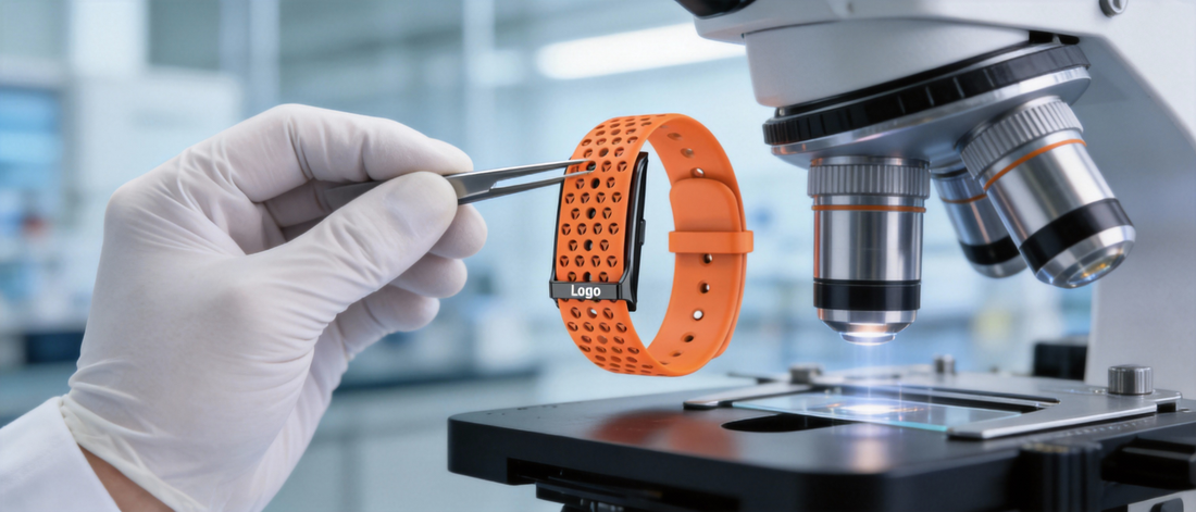 Lab technician in sterile white gloves inspecting an orange breathable no-screen fitness tracker under a microscope, showcasing quality control at a leading China ODM fitness band factory that produces best fitness trackers under $100