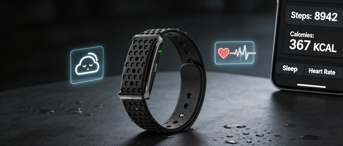 No-screen fitness tracker with waterproof design, syncing with a smartphone app to track fitness data including steps, calories, sleep, and heart rate. Perfect for B2B OEM, ODM, and wholesale orders
