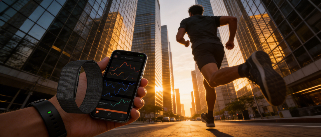 Runner in urban canyon at sunset with fitness tracker and phone showing GPS route. Urban canyon effect causes messy GPS tracking on fitness apps in city environments.