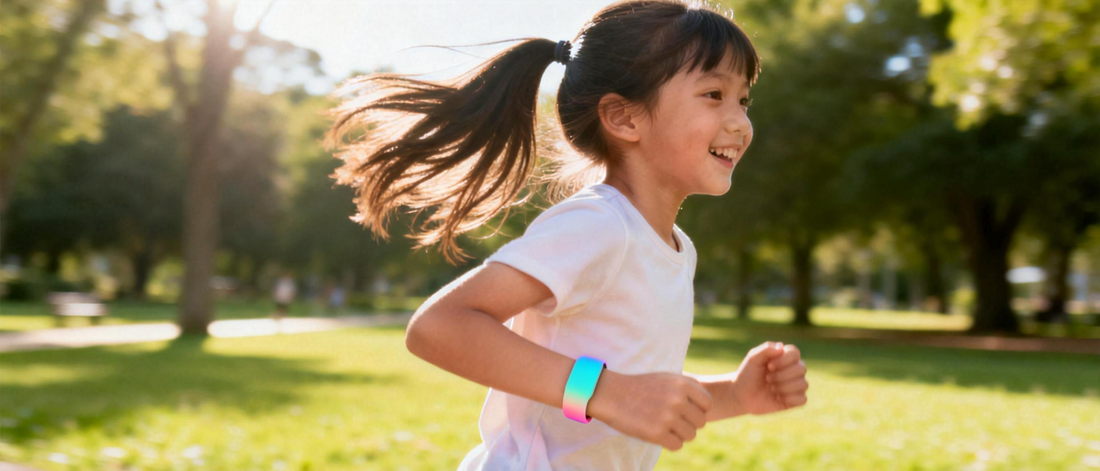 Screen-free kids fitness tracker - child running outdoors, comfortable all-day wear for active play  OEMODM kids activity trackers
