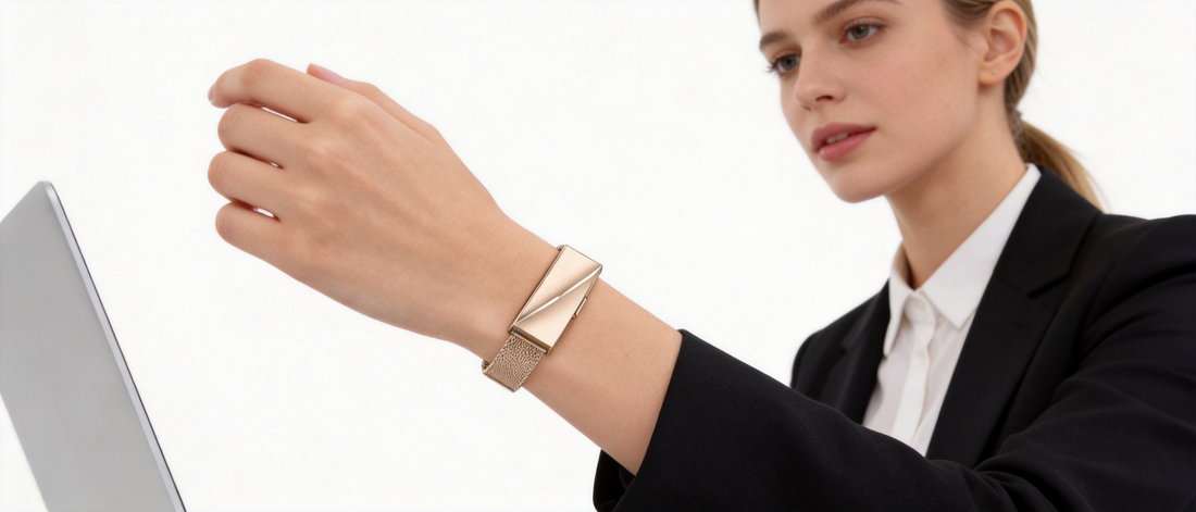 Sleek gold screenless fitness tracker for ladies, worn with business attire, ideal for office wear and health monitoring