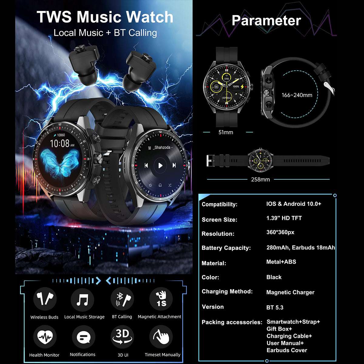 ETERNITY Smart Watch with Wireless Earbuds – 18mAh Earphone Battery, 4H Music Playback & Voice Assistant