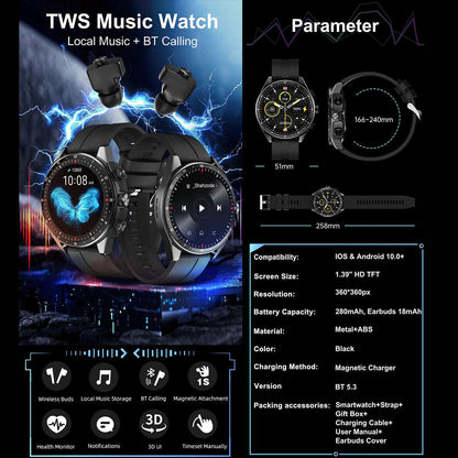 ETERNITY Smart Watch with Wireless Earbuds – 18mAh Earphone Battery, 4H Music Playback & Voice Assistant - Fitness Tracker Ch
