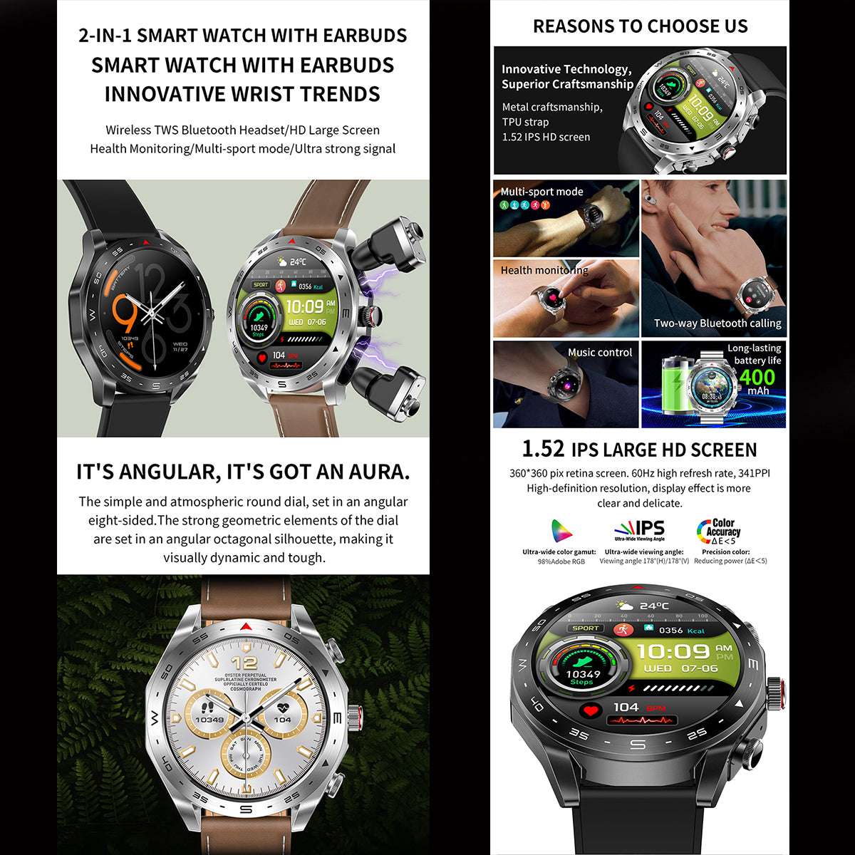 ETERNITY Round 2-in-1 TWS Smart Watch T95 – 1.52” IPS Outdoor Call & Music Sport Watch with Earbuds
