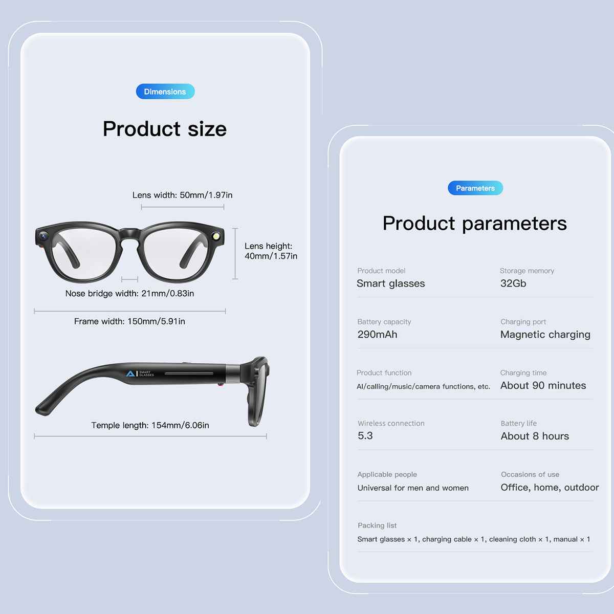 ETERNITY Smart Glasses with 1080P Camera – AI Translation, IP67 Waterproof, Bluetooth Music & Hands-Free Calling - Fitness Tr