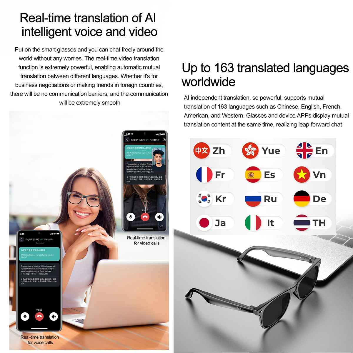 ETERNITY Multilingual AI Smart Glasses – Live Translation, Bluetooth, IP65 Waterproof