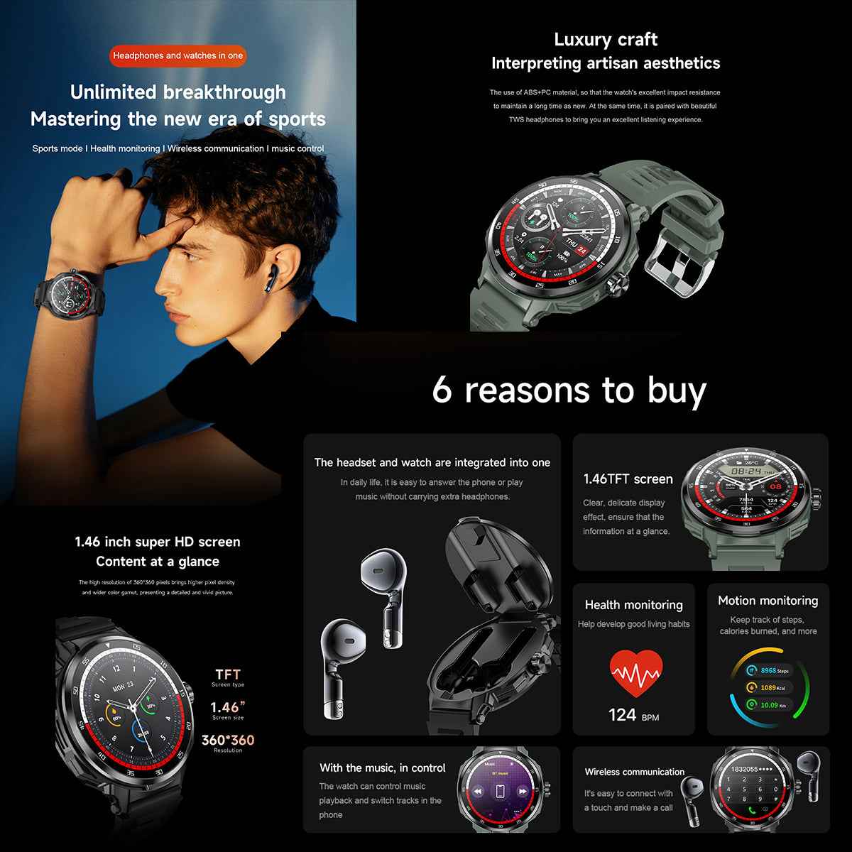 ETERNITY 2-in-1 Smart Watch & Wireless Earbuds – Waterproof Fitness Tracker with NFC & Music Player