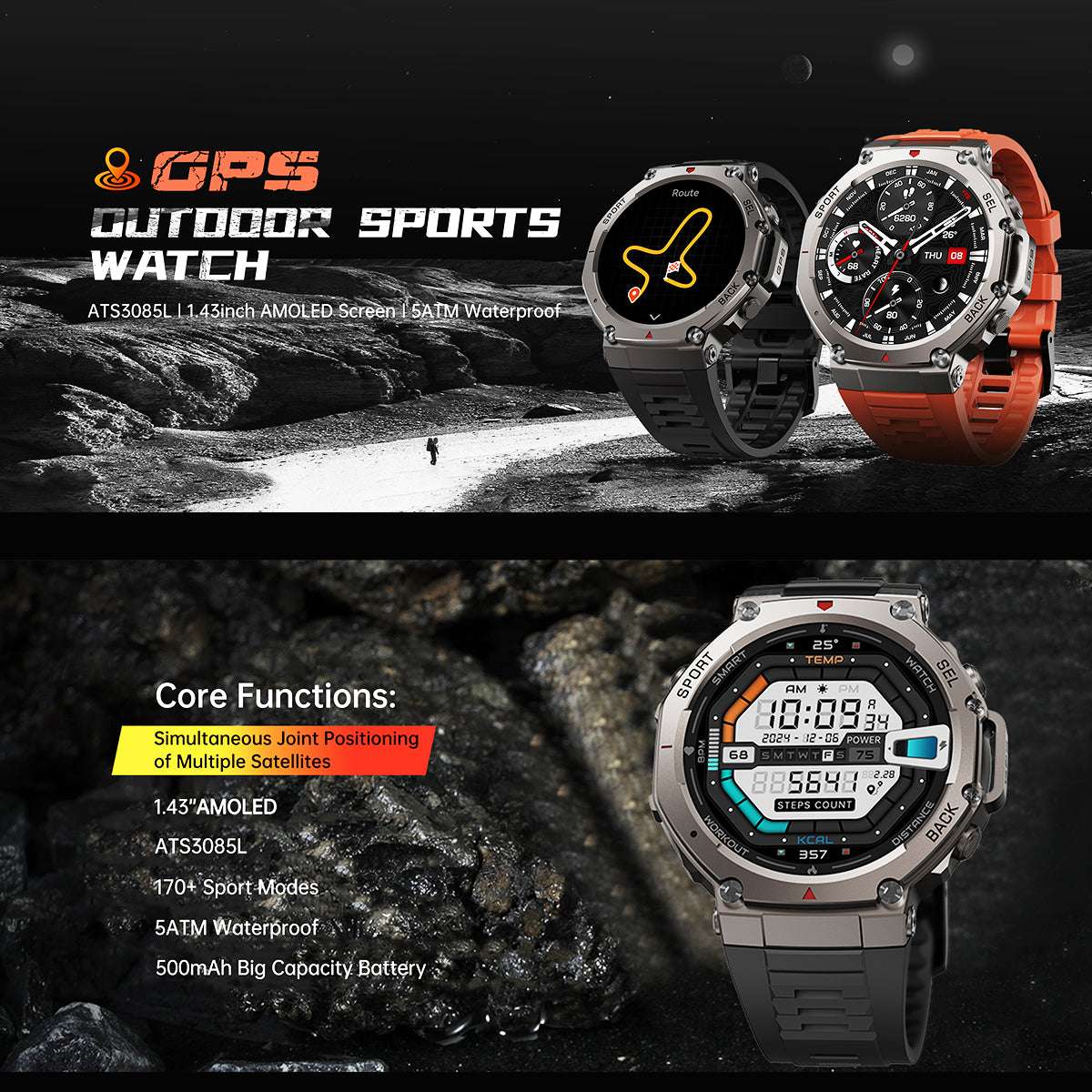 ETERNITY GPS Outdoor Sport Smartwatch – 1.43” AMOLED, 50M Waterproof, Compass & Altitude Tracker