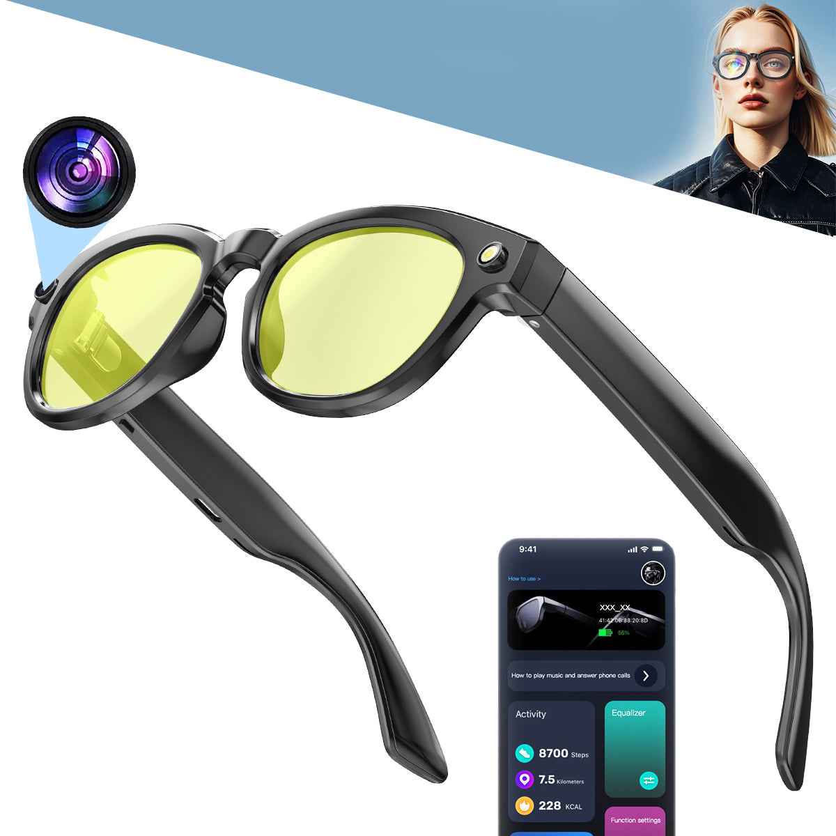 ETERNITY Smart Glasses with Camera & LED Light – Music Volume Control, Call Management, Pedometer, Calorie & Fitness Tracking