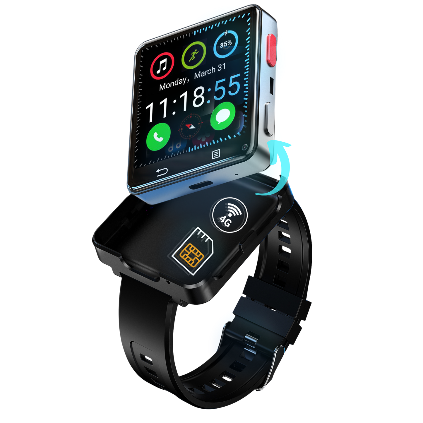 ETERNITY Detachable 4G Android Smart Watch with SIM Card – 2.64” Large Screen, 1200mAh Battery, Dual Camera, GPS, WIFI & Bluetooth