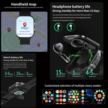 ETERNITY 2-in-1 Smart Watch with Earphones – 2.01” TFT Screen, NFC Payment, Magnetic Charging, 15-Day Standby & Multi-Sport Modes