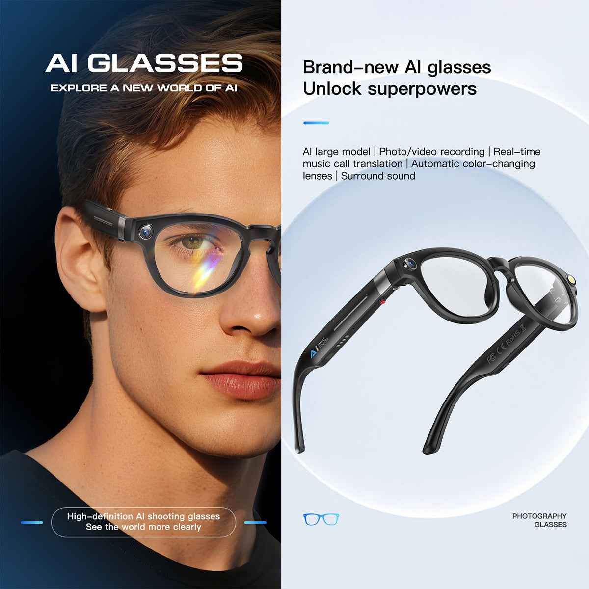 ETERNITY Smart Glasses with 1080P Camera – AI Translation, IP67 Waterproof, Bluetooth Music & Hands-Free Calling - Fitness Tr