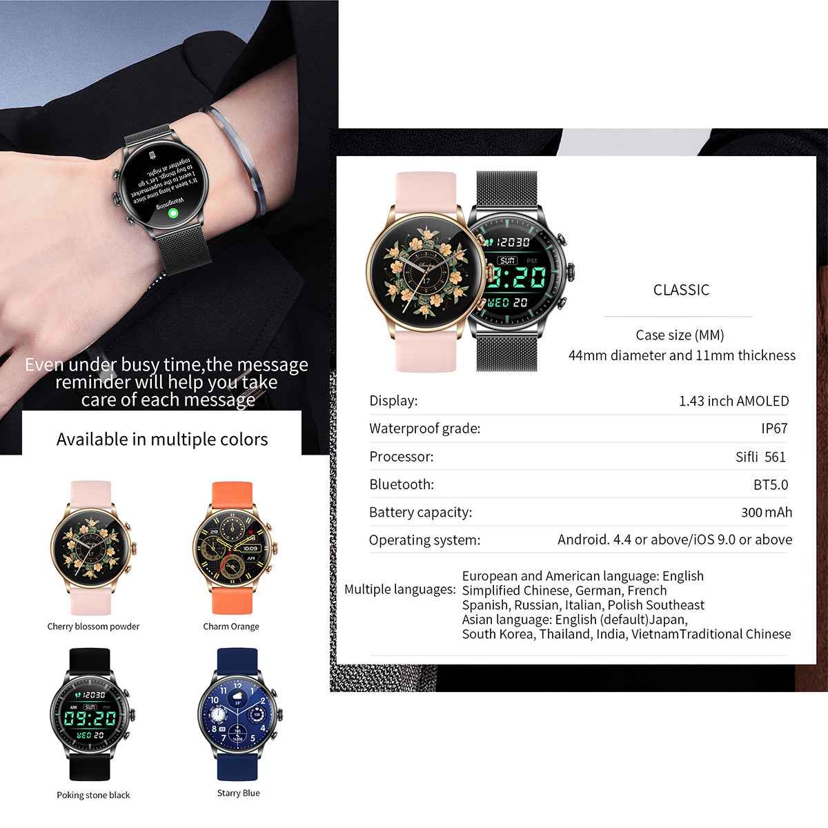 ETERNITY Waterproof AMOLED Smart Watch – Fitness Tracker with Heart Rate, Blood Pressure, Sport Modes