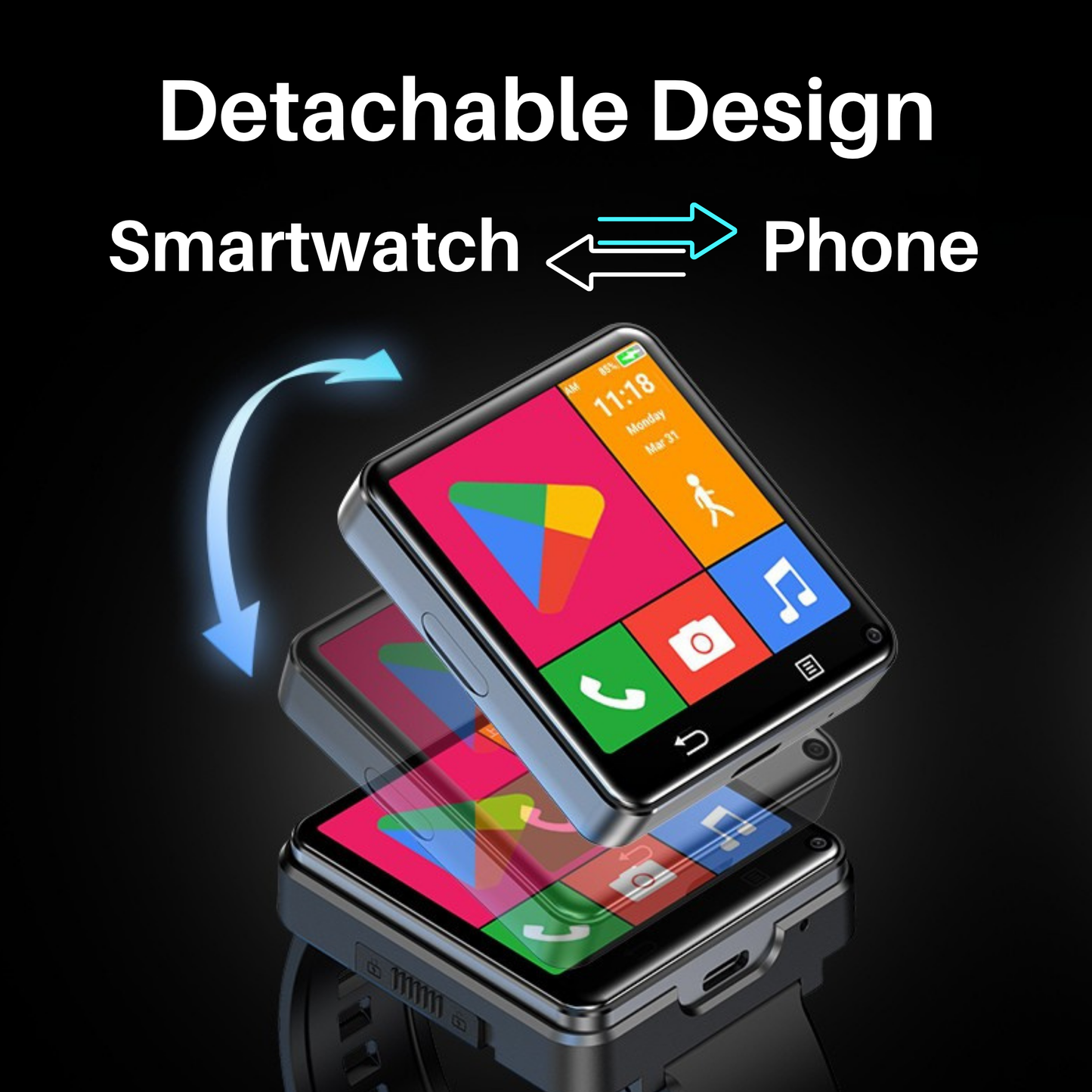 ETERNITY Detachable 4G Android Smart Watch with SIM Card – 2.64” Large Screen, 1200mAh Battery, Dual Camera, GPS, WIFI & Bluetooth