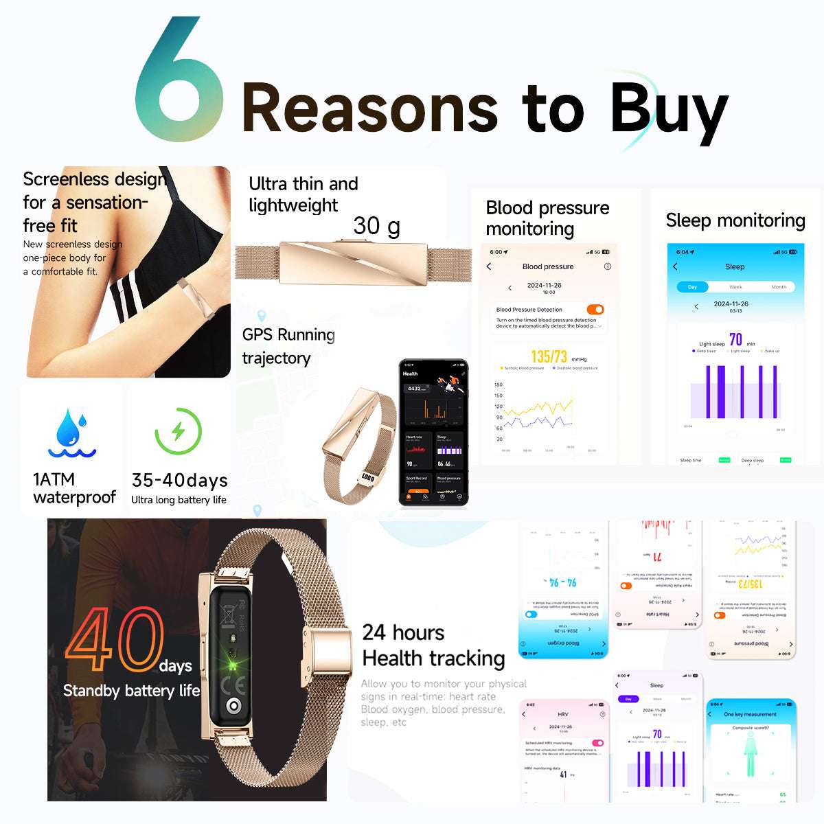 ETERNITY No Screen Women's Fitness Tracker Bracelet – Heart Rate Health Tracker Sports Modes