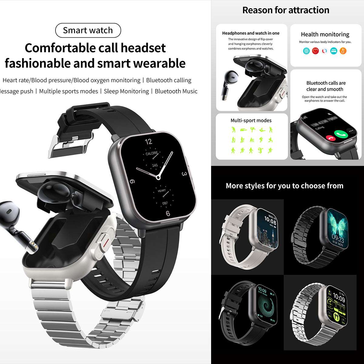 ETERNITY 2-in-1 Smart Watch with Earphones – 2.01” TFT Screen, NFC Payment, Magnetic Charging, 15-Day Standby & Multi-Sport Modes