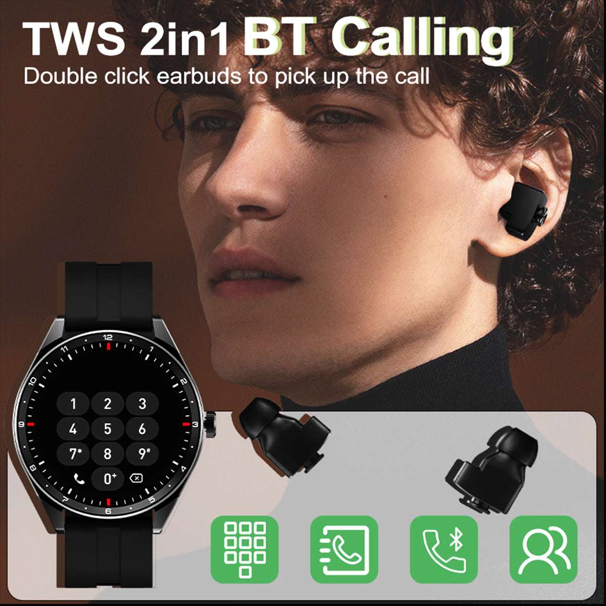 ETERNITY Smart Watch with Wireless Earbuds – 18mAh Earphone Battery, 4H Music Playback & Voice Assistant