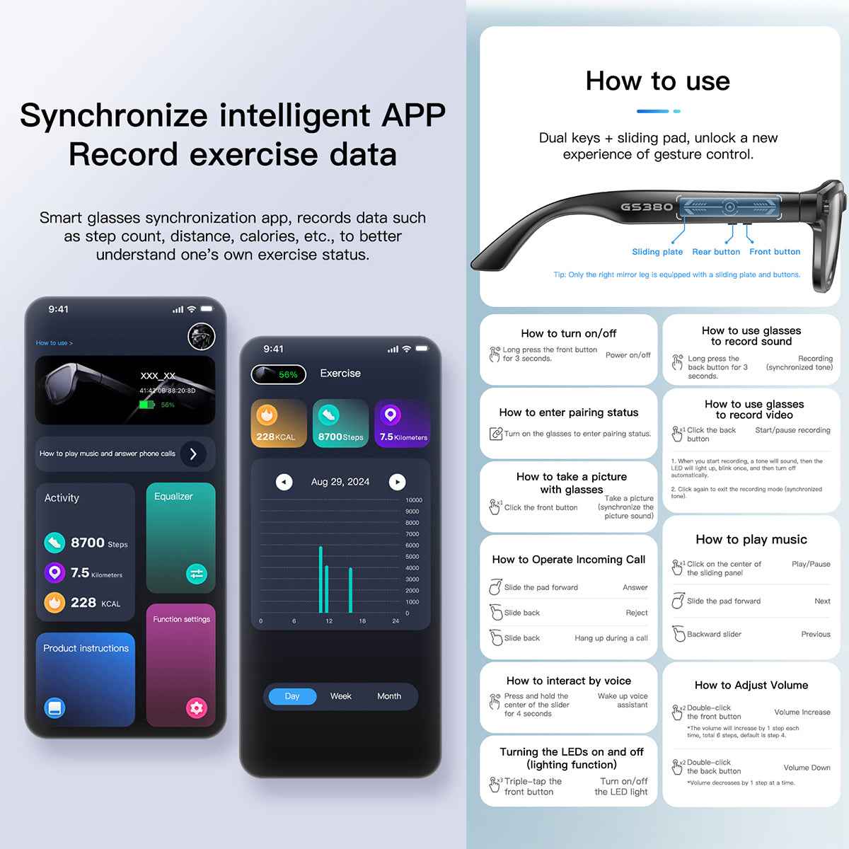 ETERNITY Smart Glasses with Camera & LED Light – Music Volume Control, Call Management, Pedometer, Calorie & Fitness Tracking