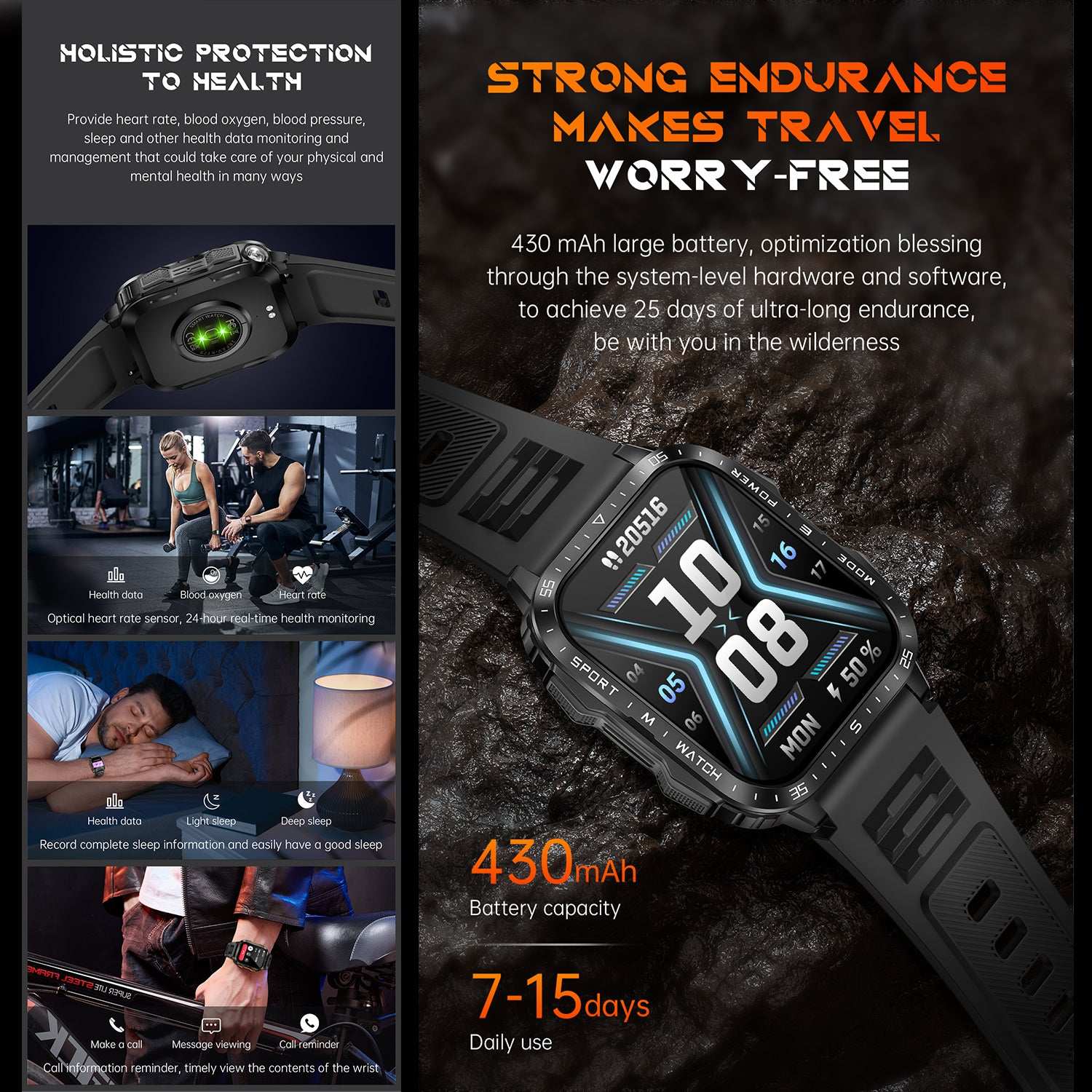 ETERNITY Outdoor Smart Watch with Flashlight & UV Lamp – 1.96” HD Screen, Heart Rate & SpO₂ Monitor, IPX8 Waterproof, 25-Day Standby