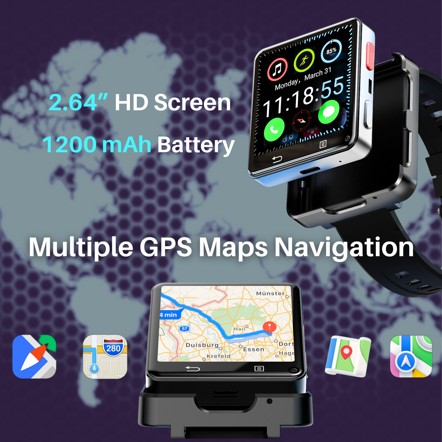ETERNITY Detachable 4G Android Smart Watch with SIM Card – 2.64” Large Screen, 1200mAh Battery, Dual Camera, GPS, WIFI & Bluetooth