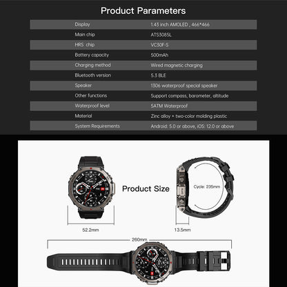 ETERNITY GPS Outdoor Sport Smartwatch – 1.43” AMOLED, 50M Waterproof, Compass & Altitude Tracker