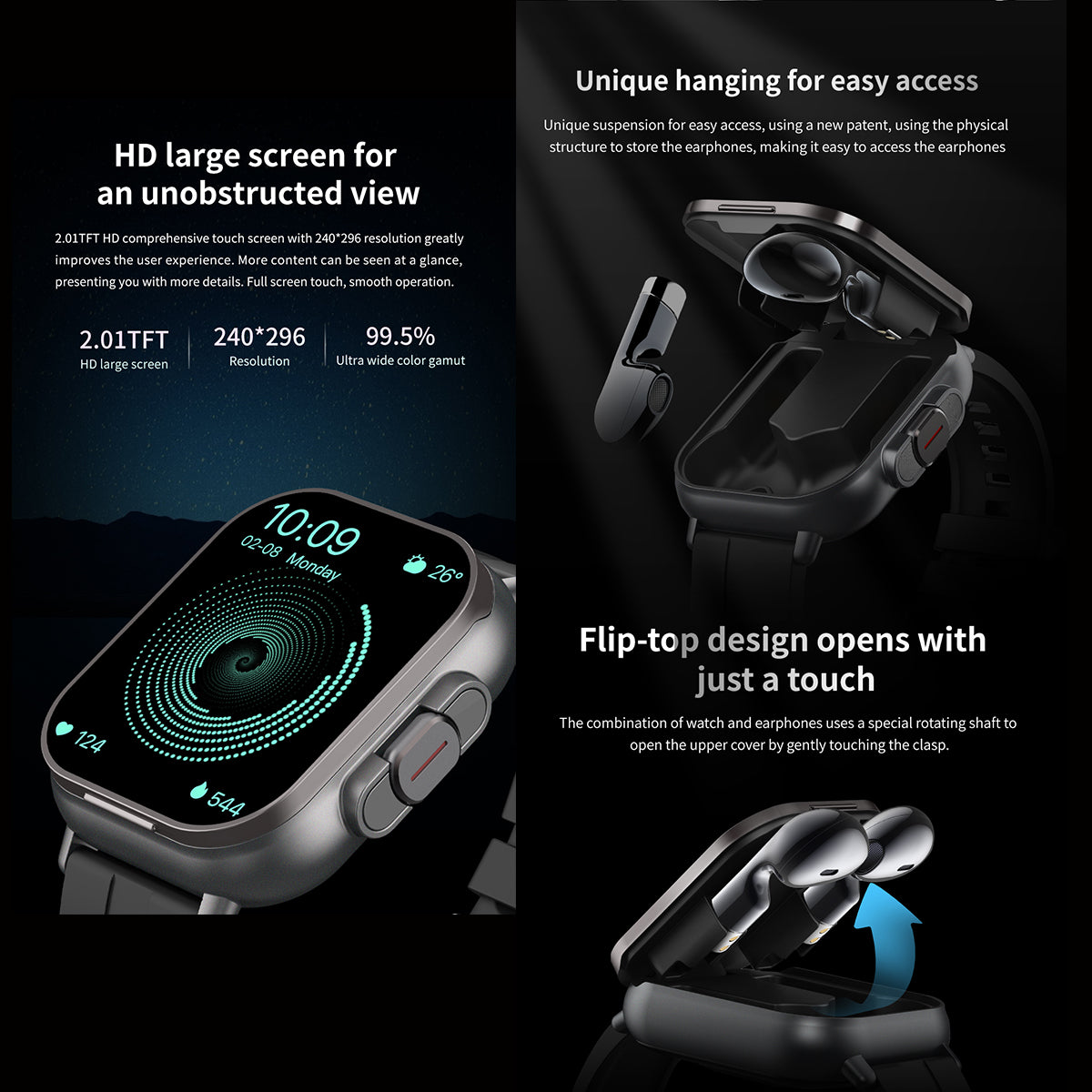 ETERNITY 2-in-1 Smart Watch with Earphones – 2.01” TFT Screen, NFC Payment, Magnetic Charging, 15-Day Standby & Multi-Sport Modes